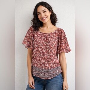 NEW Lucky Brand Floral Patterned Blouse in Red and Pink